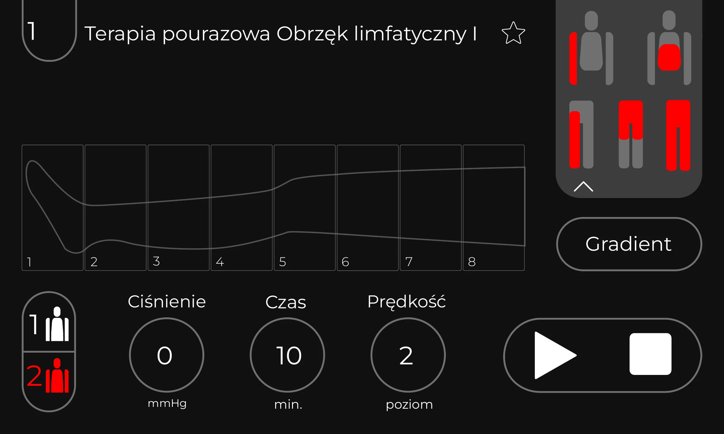CarePump setup screen in the red high-contrast mode for visually impaired therapists