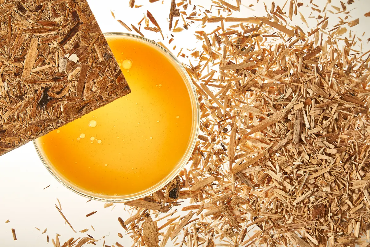 Natural adhesive, wood fibres and raw board material